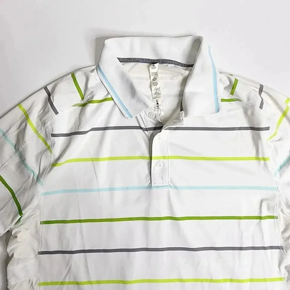 Lululemon Polo Shirt Size Large White Striped Octagon Logo Mesh Panels Men's - Picture 3 of 7
